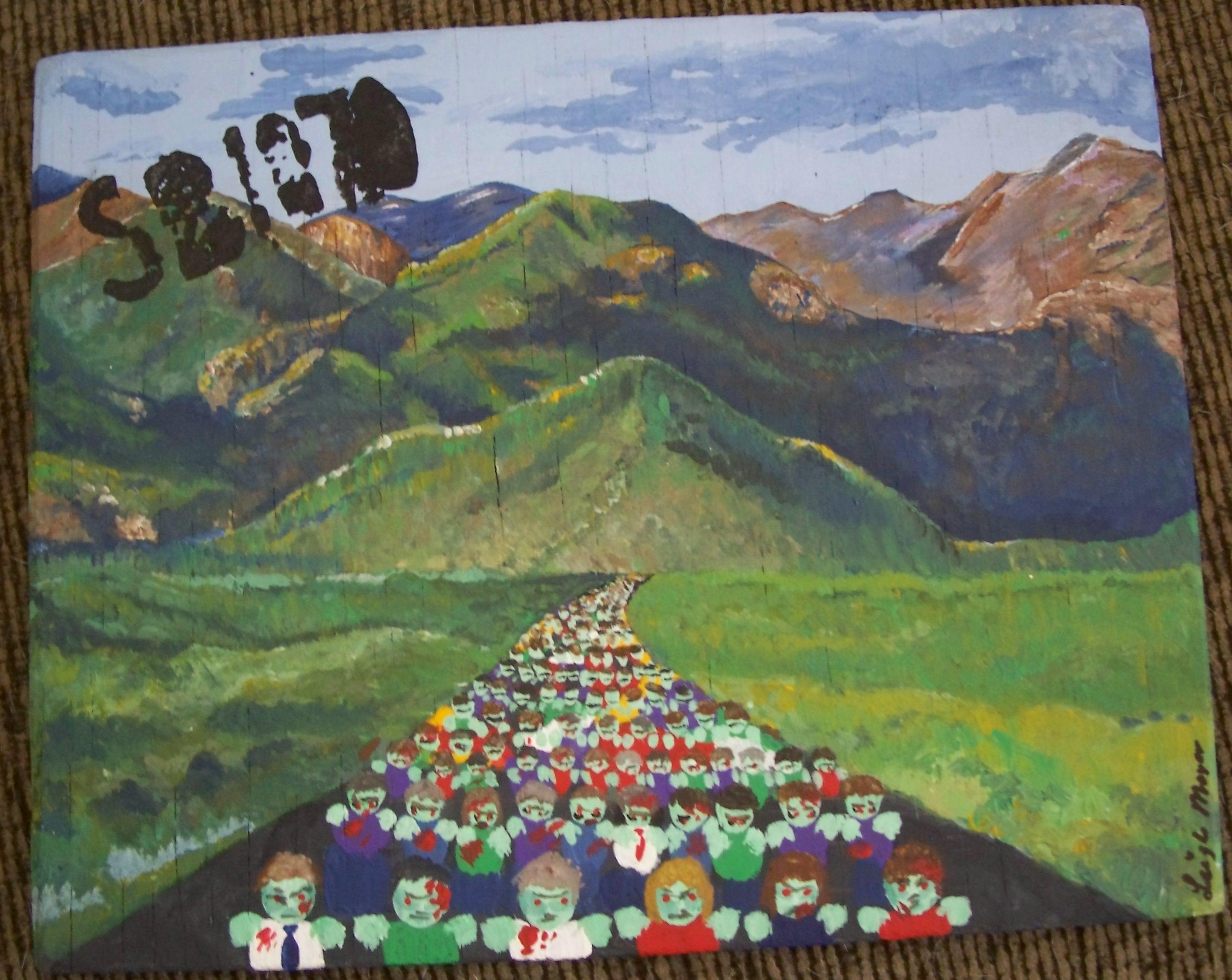 Acrylic on wood board. Arizona mountains with a hoard of zombies marching up the road. It is stamped with "SB1070".