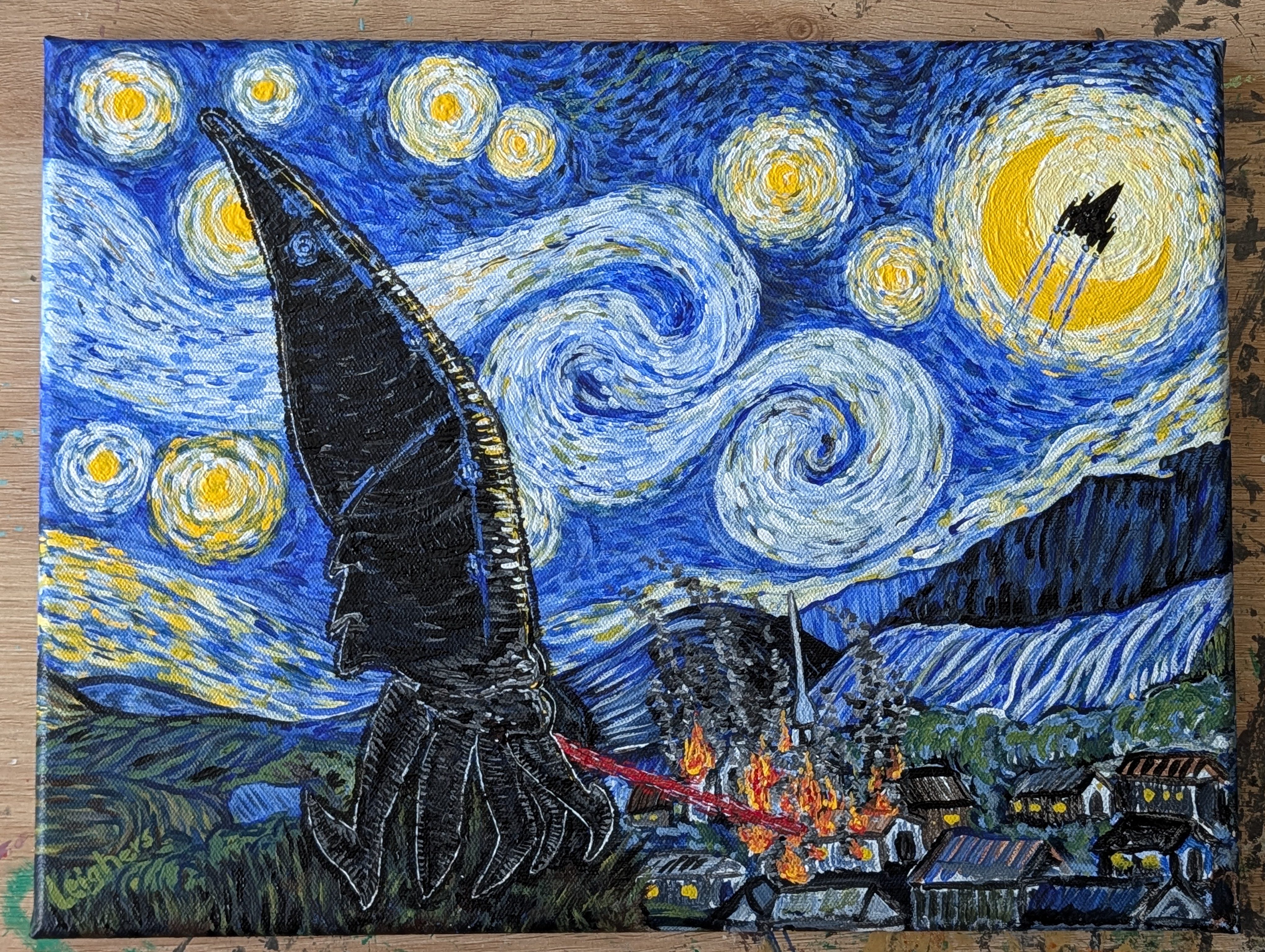 A picture of a parody painting of van Gogh's Starry Night. Stars and the moon over a small town. In the foreground, a reaper attacks while in silhouette the Normandy SR-2 flies past the moon.